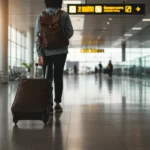 Szabadság kalkulátor, utazó személy gurulós bőrönddel a repülőtér indulási csarnokában