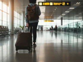 Szabadság kalkulátor, utazó személy gurulós bőrönddel a repülőtér indulási csarnokában