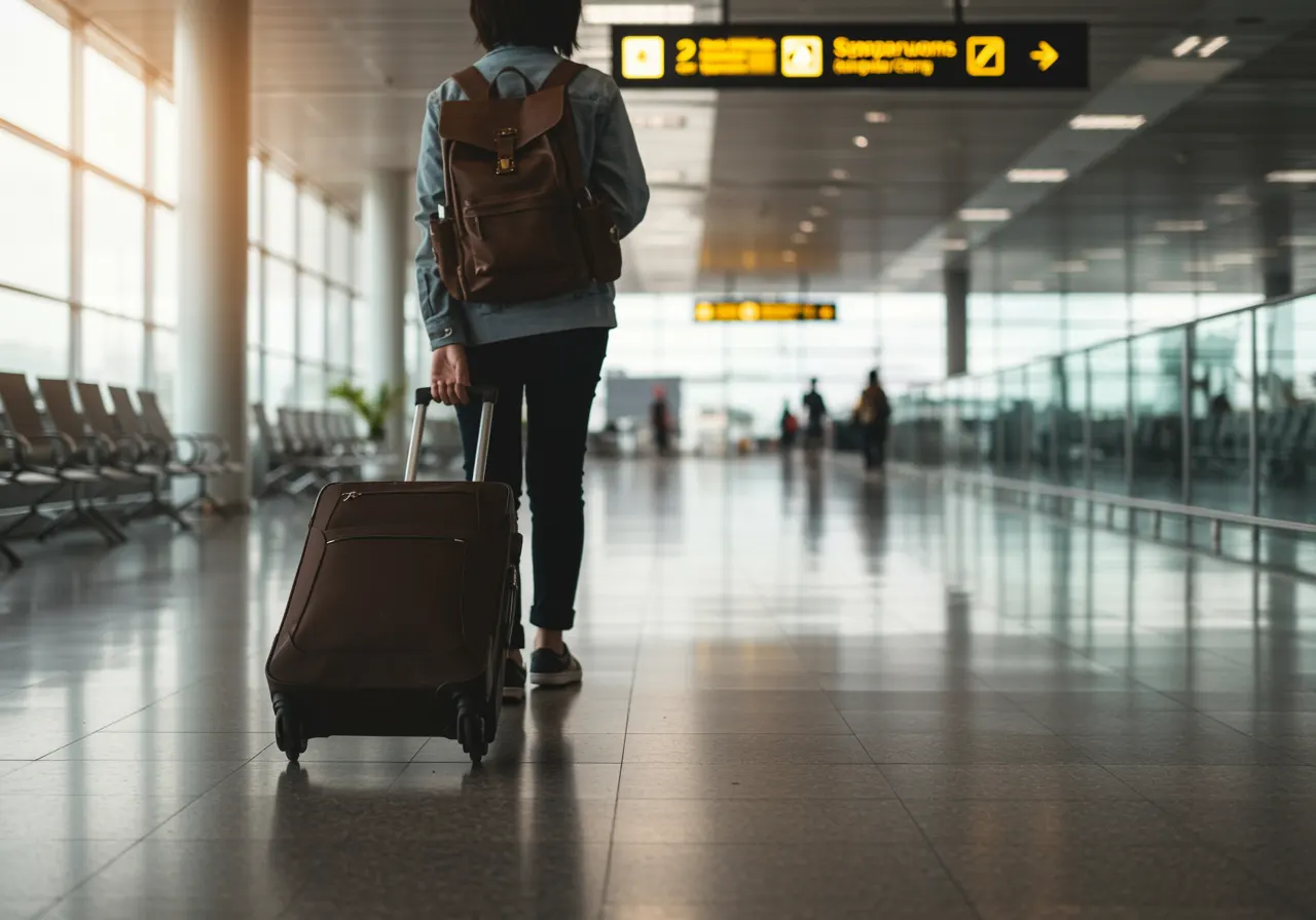 Szabadság kalkulátor, utazó személy gurulós bőrönddel a repülőtér indulási csarnokában